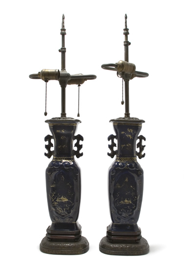 Pair of Chinese Blue and Gilt Glazed
