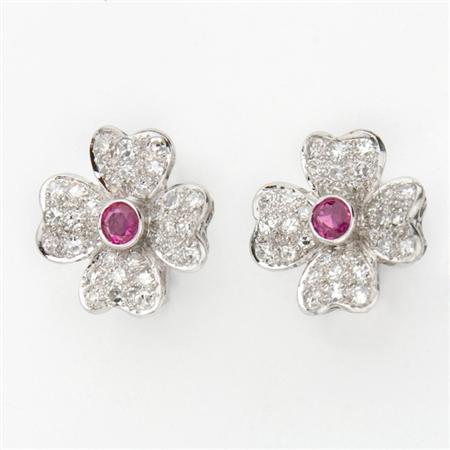 Pair of Diamond and Ruby Flower