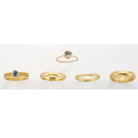 Three Gold Band Rings and Two Gem-Set