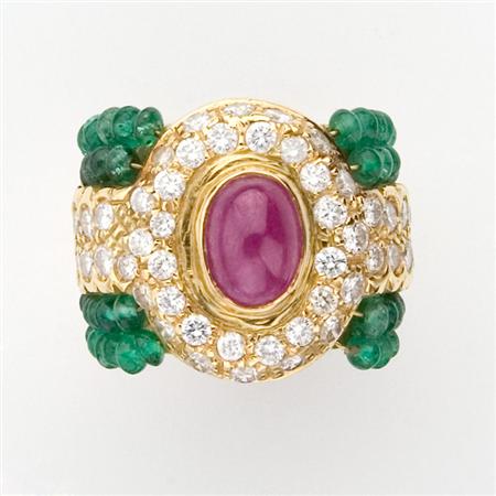Cabochon Ruby, Emerald Bead and Diamond