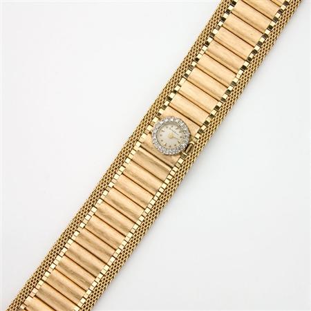 Wide Gold and Diamond Bracelet Watch  68baf