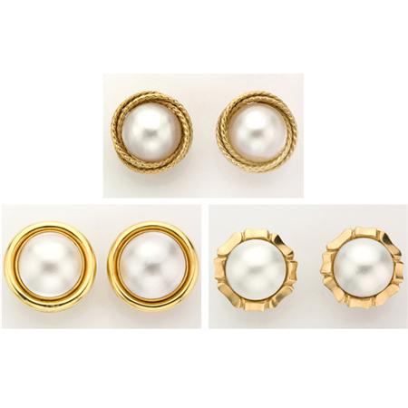 Three Pairs of Gold and Mabe Pearl 68bbc