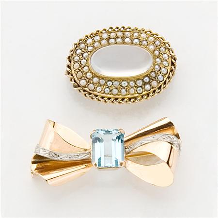 Gold and Aquamarine Bow Pin and 68d8b