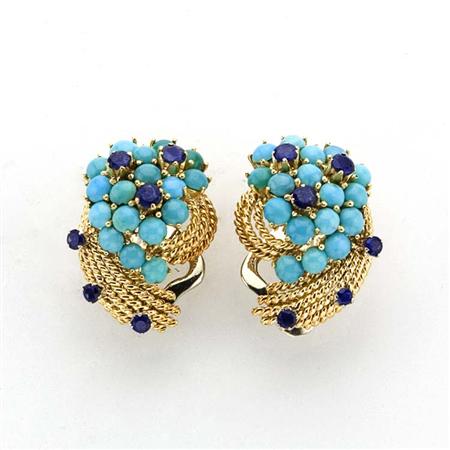 Pair of Gold, Cabochon Turquoise