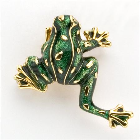 Gold and Green Enamel Frog Clip-Brooch
	