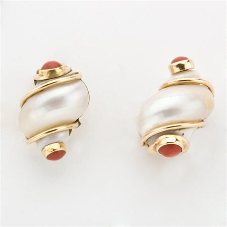 Pair of Gold Shell and Coral Earclips  68bdd