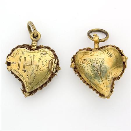 Two Antique Brass and Metal Heart Lockets
	