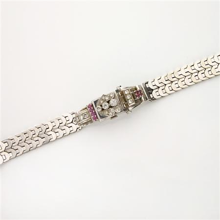 White Gold, Diamond and Ruby Bracelet-Watch
	