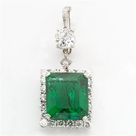 Diamond and Green Glass Pendant Brooch  68cc1