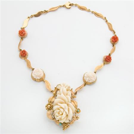 Gold, Carved Coral and Turquoise