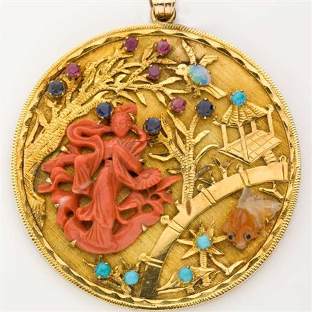 Large Gold, Carved Coral and Colored