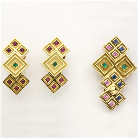 Gold and Colored Stone Clip-Brooch