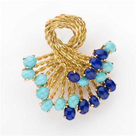 Gold, Turquoise and Lapis Clip-Brooch
	