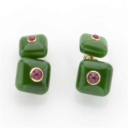 Pair of Nephrite and Ruby Cufflinks  68d57