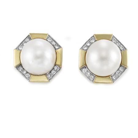 Pair of Gold, Mabe Pearl and Diamond
