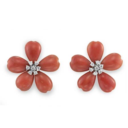 Pair of Carved Coral and Diamond 69357