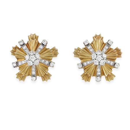 Pair of Gold and Diamond Earclips  6935c