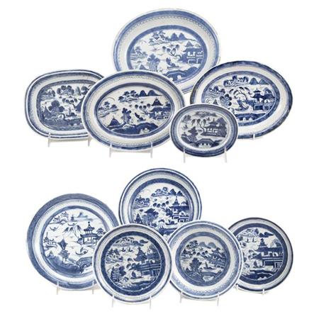 Group of Ten Canton Blue and White Porcelain