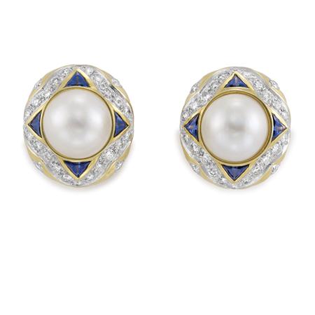 Pair of Gold, Mabe Pearl, Sapphire