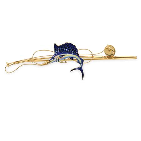 Gold and Enamel Fishing Rod Brooch  693c0