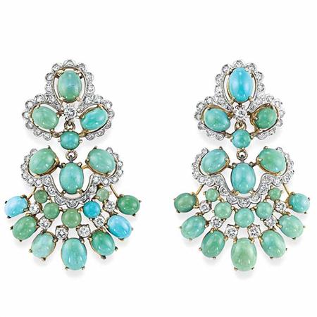 Pair of Turquoise and Diamond Pendant Earrings  693ca