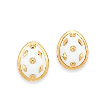 Pair of Gold and White Enamel Earclips  69416