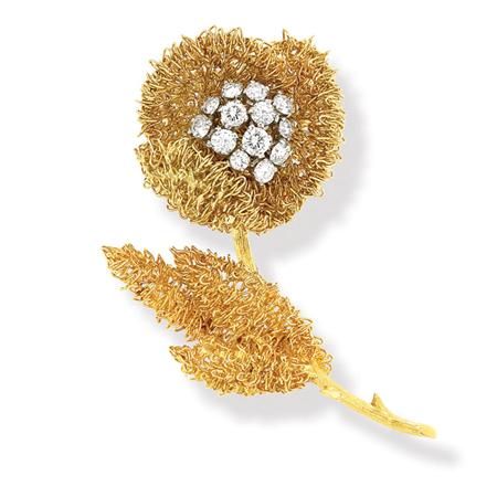 Gold and Diamond Flower Clip-Brooch,
