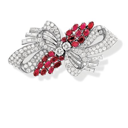 Diamond and Ruby Double Clip-Brooch,