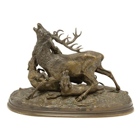 Bronze Group of a Stag Being Attacked
