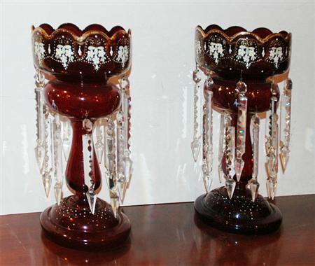 Pair of Enamel Decorated Ruby Glass