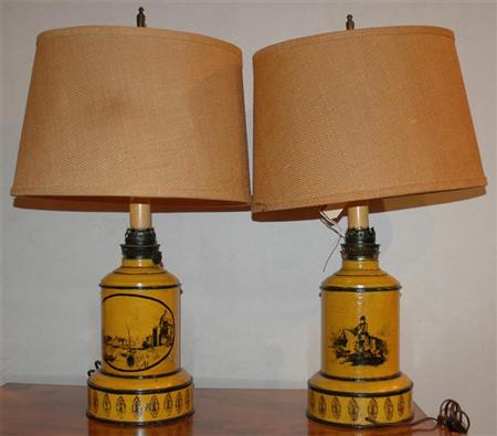 Pair of Yellow Painted Tole Lamps  69bf2