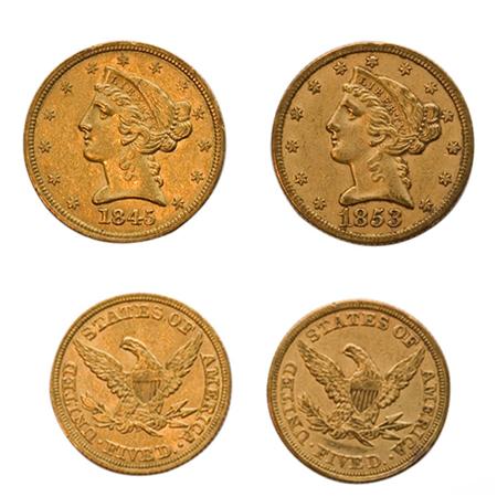 $5 Liberty Head, No Motto, 1845 and