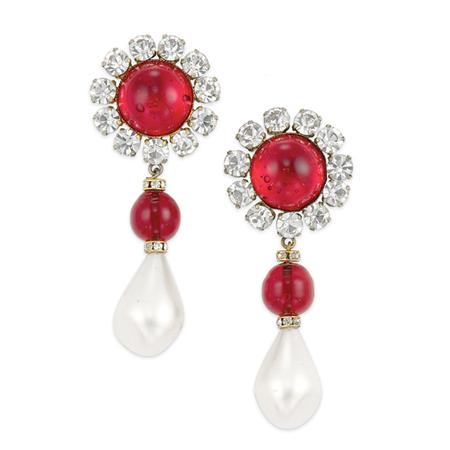 Pair of Faux Ruby and Pearl Earrings  6a49a