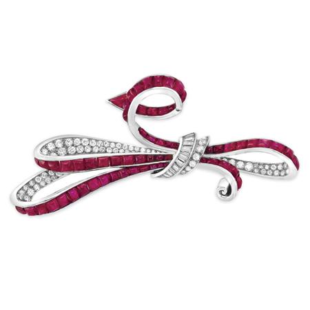 Cabochon Ruby and Diamond Bow Brooch  6a900