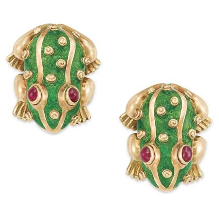 Pair of Gold, Green Enamel and
