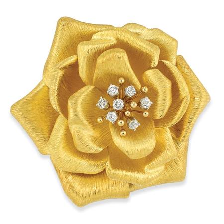 Gold and Diamond Flower Clip-Brooch,