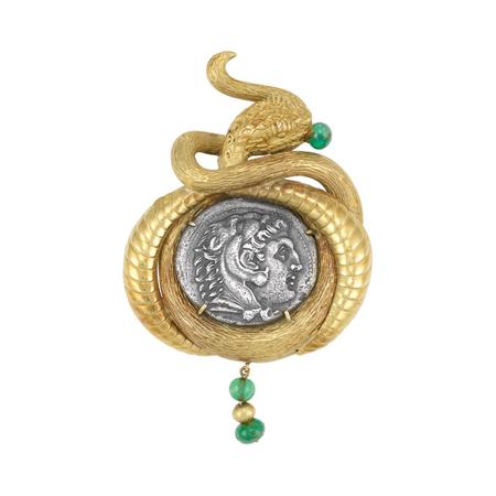 Gold, Silver Coin and Emerald Bead