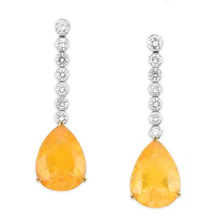 Pair of Diamond and Fire Opal Pendant-Earrings
	