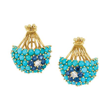 Pair of Gold, Turquoise, Sapphire