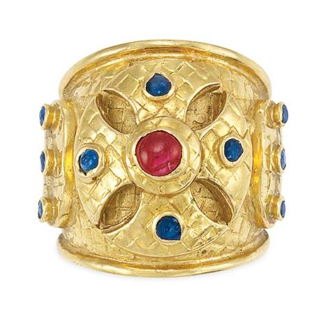 Wide Gold, Ruby and Sapphire Band