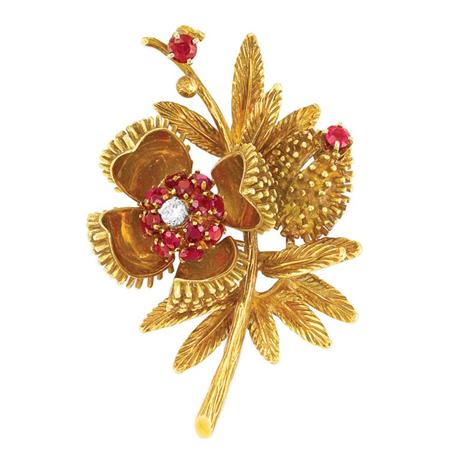 Gold, Ruby and Diamond Flower Brooch
	