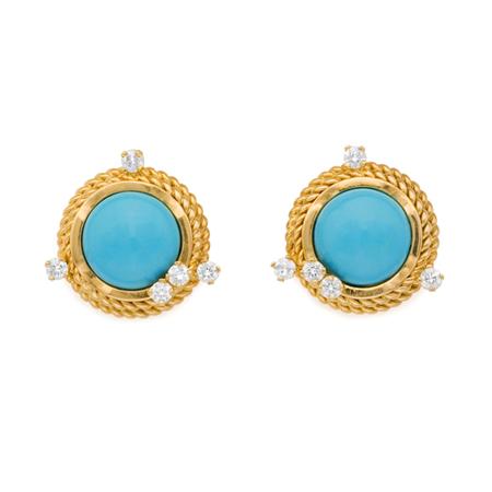Pair of Gold, Turquoise and Diamond