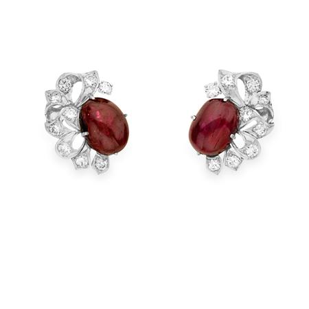 Pair of Cabochon Ruby and Diamond