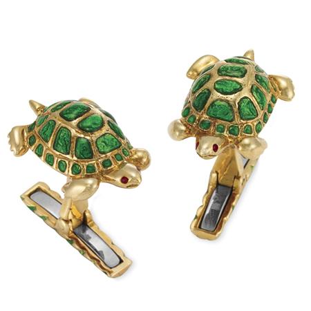 Pair of Gold and Green Enamel Turtle