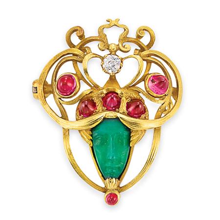 Art Nouveau Gold, Carved Green Glass,