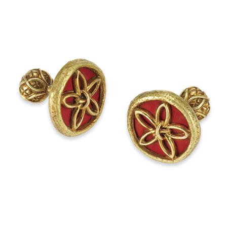 Pair of Gold and Red Enamel Cufflinks  6a876