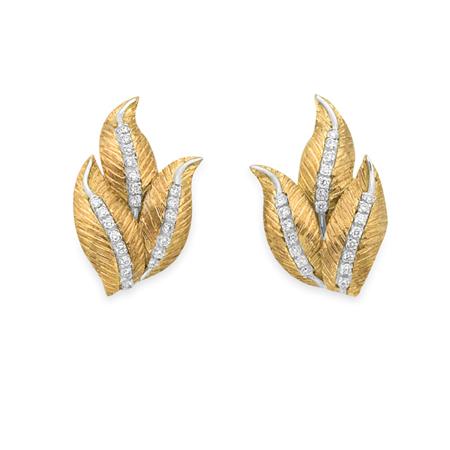 Pair of Gold and Diamond Leaf Earrings
	