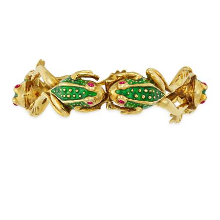Gold, Green Enamel and Cabochon Ruby