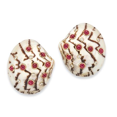 Pair of Gold, Shell, Cabochon Ruby
