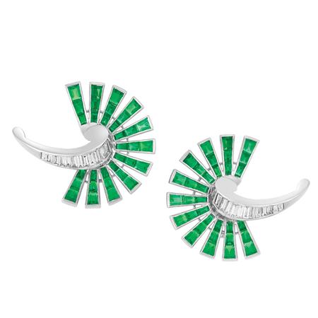 Pair of Emerald and Diamond Earclips
	